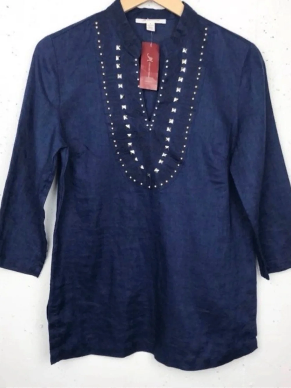JM Collection Navy Embellished Linen Tunic - Picture 6 of 10